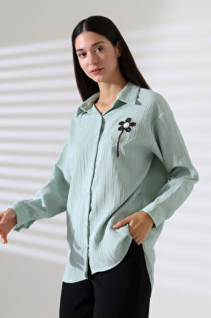  Uzun Kollu Durres Dokulu Çiçek Detaylı Serin Kumaş Kadın Gömlek