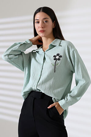  Uzun Kollu Durres Dokulu Çiçek Detaylı Serin Kumaş Kadın Gömlek