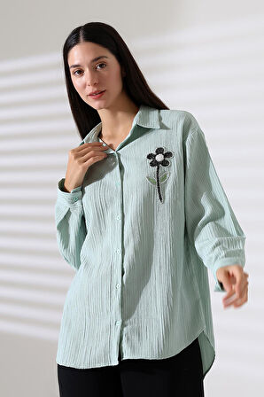  Uzun Kollu Durres Dokulu Çiçek Detaylı Serin Kumaş Kadın Gömlek