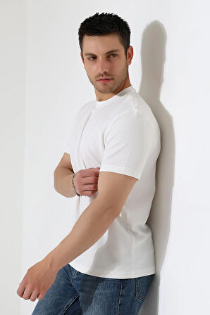 Erkek Fitilli Slim Fit Bisiklet Yaka Düz Renk T-Shirt 