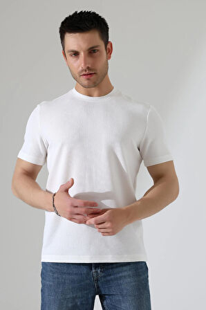 Erkek Fitilli Slim Fit Bisiklet Yaka Düz Renk T-Shirt 