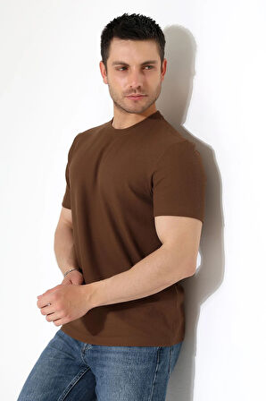 Erkek Fitilli Slim Fit Bisiklet Yaka Düz Renk T-Shirt 