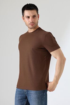 Erkek Fitilli Slim Fit Bisiklet Yaka Düz Renk T-Shirt 