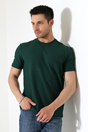 Erkek Fitilli Slim Fit Bisiklet Yaka Düz Renk T-Shirt 
