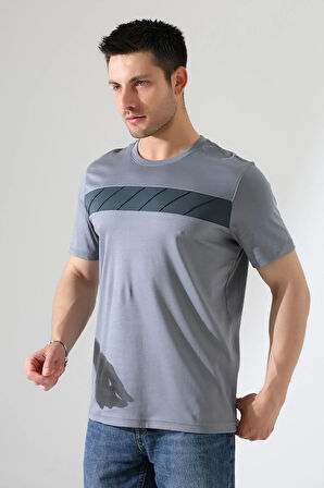 Erkek İki Renk Parçalı Bisiklet Yaka T-Shirt - Pamuklu Tişört