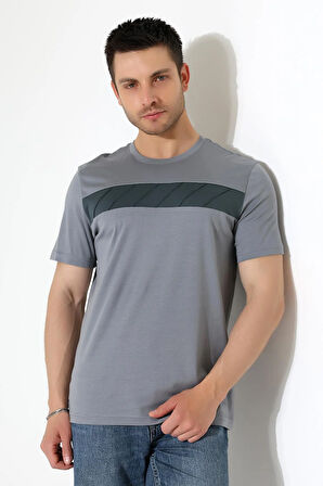 Erkek İki Renk Parçalı Bisiklet Yaka T-Shirt - Pamuklu Tişört