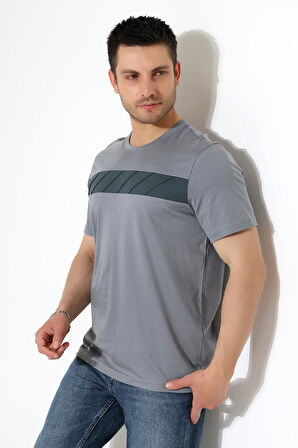 Erkek İki Renk Parçalı Bisiklet Yaka T-Shirt - Pamuklu Tişört