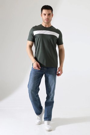 Erkek İki Renk Parçalı Bisiklet Yaka T-Shirt - Pamuklu Tişört
