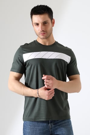 Erkek İki Renk Parçalı Bisiklet Yaka T-Shirt - Pamuklu Tişört