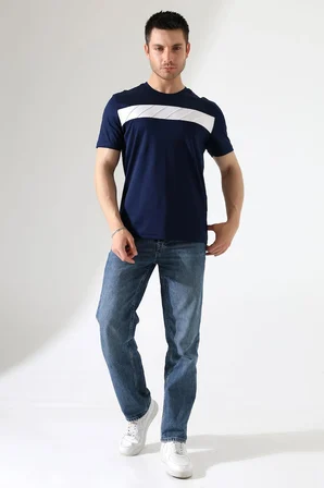 Erkek İki Renk Parçalı Bisiklet Yaka T-Shirt - Pamuklu Tişört