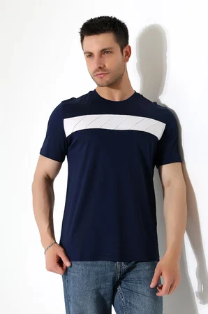 Erkek İki Renk Parçalı Bisiklet Yaka T-Shirt - Pamuklu Tişört