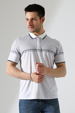 Fermuar Detaylı Desenli Pamuklu Polo Yaka T-shirt