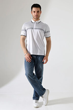 Fermuar Detaylı Desenli Pamuklu Polo Yaka T-shirt