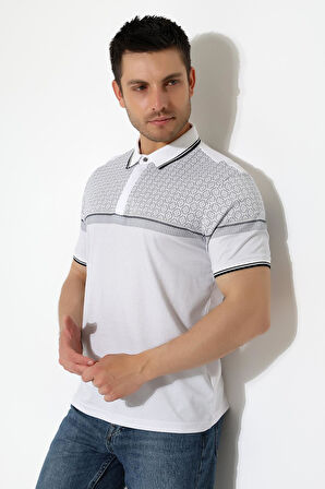 Fermuar Detaylı Desenli Pamuklu Polo Yaka T-shirt