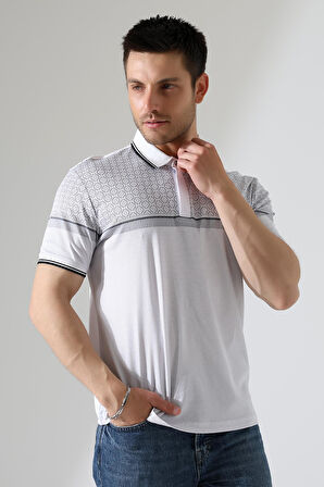 Fermuar Detaylı Desenli Pamuklu Polo Yaka T-shirt