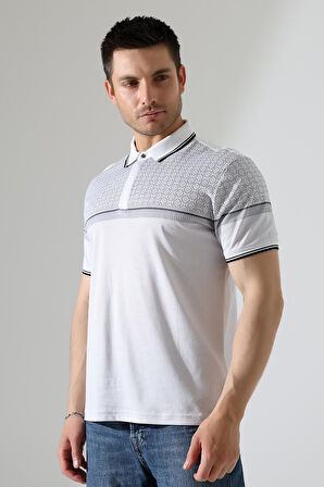 Fermuar Detaylı Desenli Pamuklu Polo Yaka T-shirt