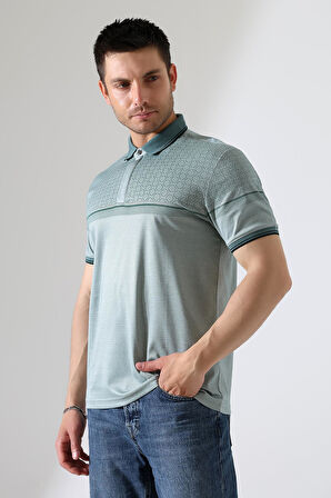 Fermuar Detaylı Desenli Pamuklu Polo Yaka T-shirt