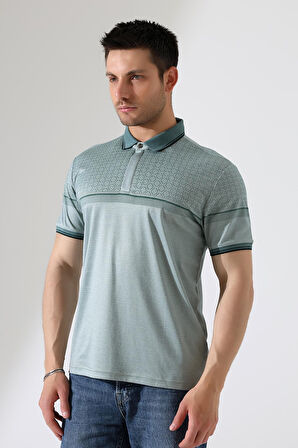 Fermuar Detaylı Desenli Pamuklu Polo Yaka T-shirt