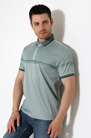 Fermuar Detaylı Desenli Pamuklu Polo Yaka T-shirt