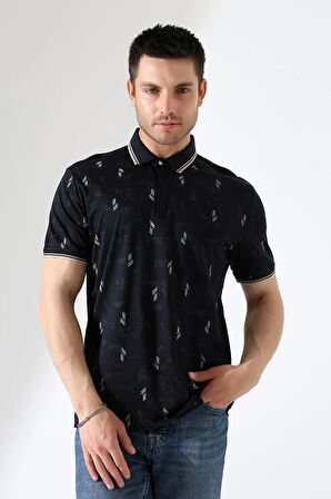 Erkek Yakası Çıt Çıt ve Fermuar Detaylı, Desenli Polo Yaka T-shirt