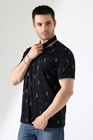 Erkek Yakası Çıt Çıt ve Fermuar Detaylı, Desenli Polo Yaka T-shirt