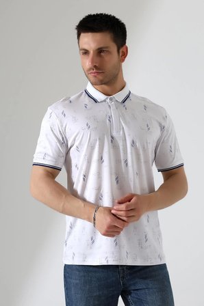 Erkek Yakası Çıt Çıt ve Fermuar Detaylı, Desenli Polo Yaka T-shirt