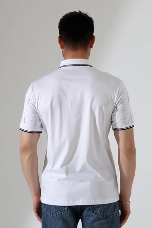 Erkek Yakası Çıt Çıt ve Fermuar Detaylı, Desenli Polo Yaka T-shirt
