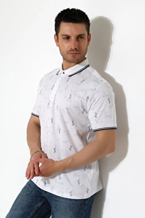 Erkek Yakası Çıt Çıt ve Fermuar Detaylı, Desenli Polo Yaka T-shirt