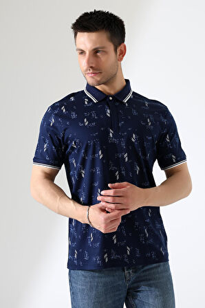 Erkek Yakası Çıt Çıt ve Fermuar Detaylı, Desenli Polo Yaka T-shirt