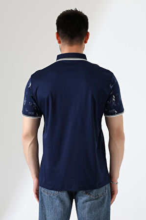 Erkek Yakası Çıt Çıt ve Fermuar Detaylı, Desenli Polo Yaka T-shirt
