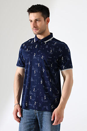 Erkek Yakası Çıt Çıt ve Fermuar Detaylı, Desenli Polo Yaka T-shirt