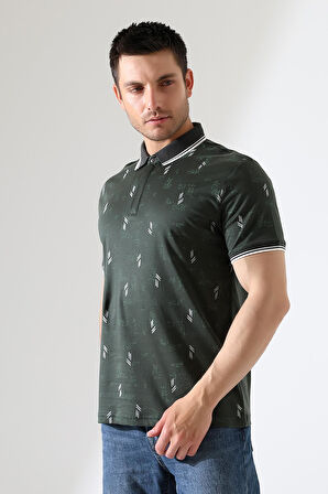 Erkek Yakası Çıt Çıt ve Fermuar Detaylı, Desenli Polo Yaka T-shirt
