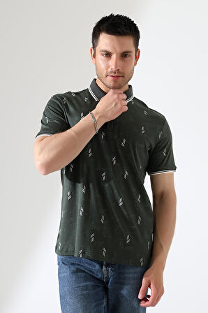 Erkek Yakası Çıt Çıt ve Fermuar Detaylı, Desenli Polo Yaka T-shirt