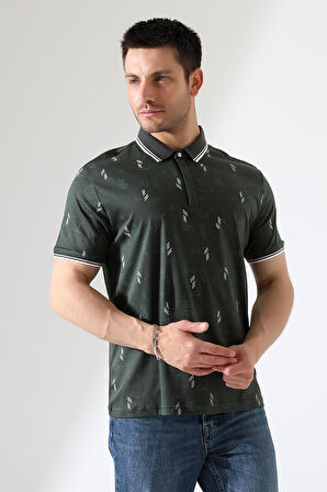 Erkek Yakası Çıt Çıt ve Fermuar Detaylı, Desenli Polo Yaka T-shirt