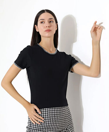Kol Yaka El işi Çoban Dikiş detaylı Kadın Bluz T-shirt