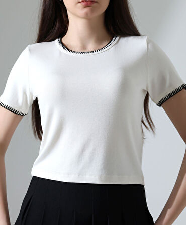 Kol Yaka El işi Çoban Dikiş detaylı Kadın Bluz T-shirt