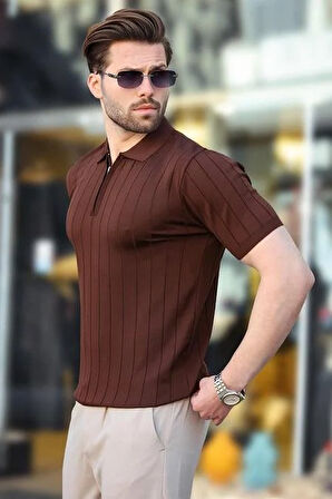 Polo Yaka Çizgili Fermuarlı Erkek T-shirt