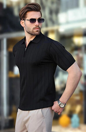 Polo Yaka Çizgili Fermuarlı Erkek T-shirt