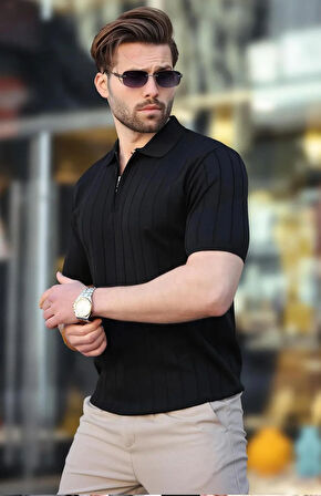 Polo Yaka Çizgili Fermuarlı Erkek T-shirt