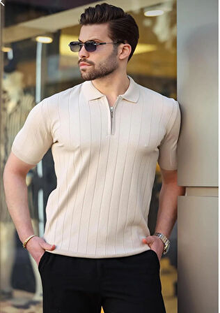 Polo Yaka Çizgili Fermuarlı Erkek T-shirt