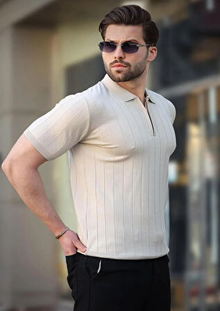 Polo Yaka Çizgili Fermuarlı Erkek T-shirt
