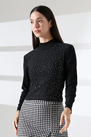 Kadın Uzun Kol Taşlı Bluz, Yarım Balıkçı Yaka (Boğazlı) Body B921 