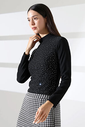 Kadın Uzun Kol Taşlı Bluz, Yarım Balıkçı Yaka (Boğazlı) Body B921 