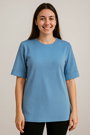Kadın Oversize kalıp Bürümcük Kumaş Duble Kol Yandan Yırtmaçlı T-shirt Bluz - T954