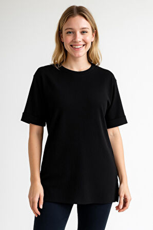 Kadın Oversize kalıp Bürümcük Kumaş Duble Kol Yandan Yırtmaçlı T-shirt Bluz - T954