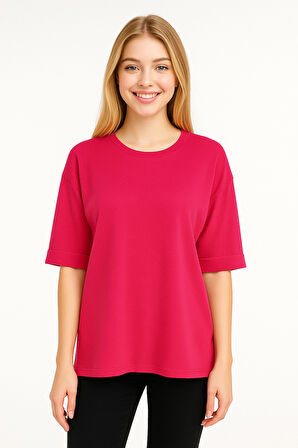 Kadın Oversize kalıp Bürümcük Kumaş Duble Kol Yandan Yırtmaçlı T-shirt Bluz - T954