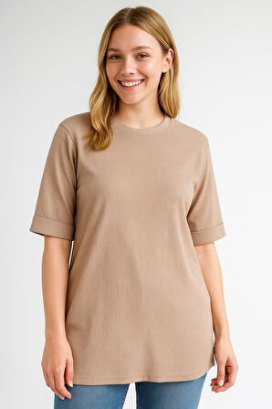 Kadın Oversize kalıp Bürümcük Kumaş Duble Kol Yandan Yırtmaçlı T-shirt Bluz - T954