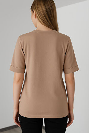 Kadın Oversize kalıp Bürümcük Kumaş Duble Kol Yandan Yırtmaçlı T-shirt Bluz - T954