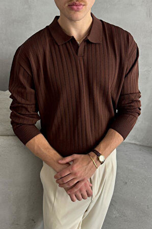 Erkek Slim Fit Polo Yaka Fitilli Triko Kazak -26107