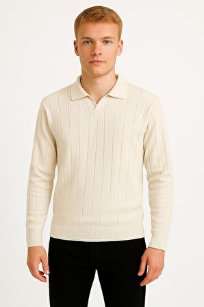Erkek Slim Fit Polo Yaka Fitilli Triko Kazak -26107